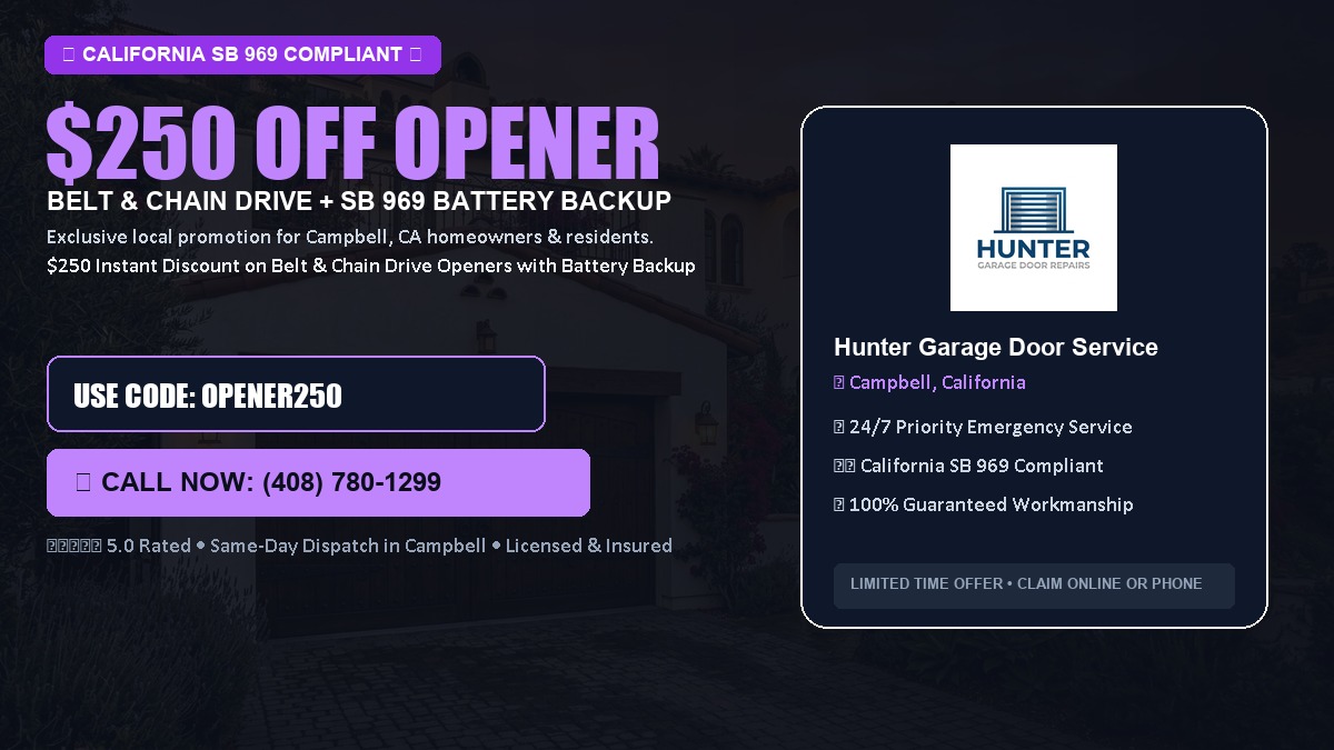$250 OFF Smart Garage Door Opener Installation (Belt & Chain Drive with California SB 969 Battery Backup) in Campbell, CA