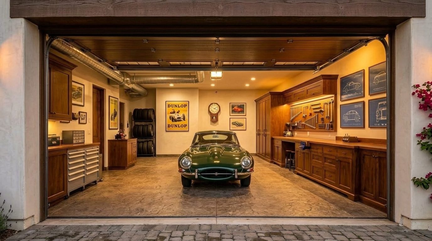 Hunter Garage Door Services Interior View of Custom Garage Door Overhead and Workshop